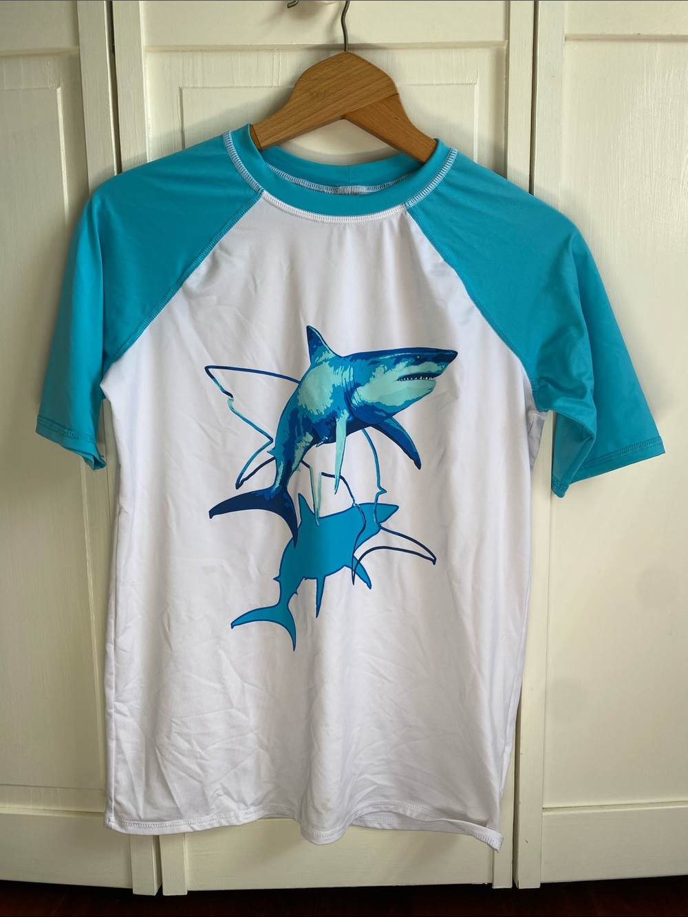 Lands' End White Tee with Aqua Raglan Sleeves and Blue Shark Graphic